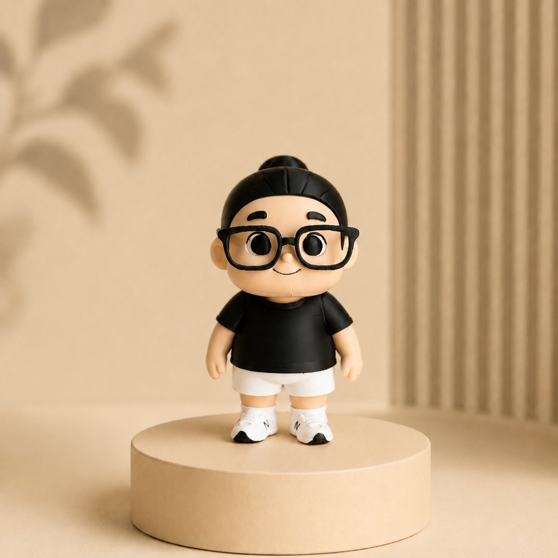 A custom WoWYourself figurine of a person with glasses and a hair bun, in a black t-shirt and white shorts, standing on a round plinth