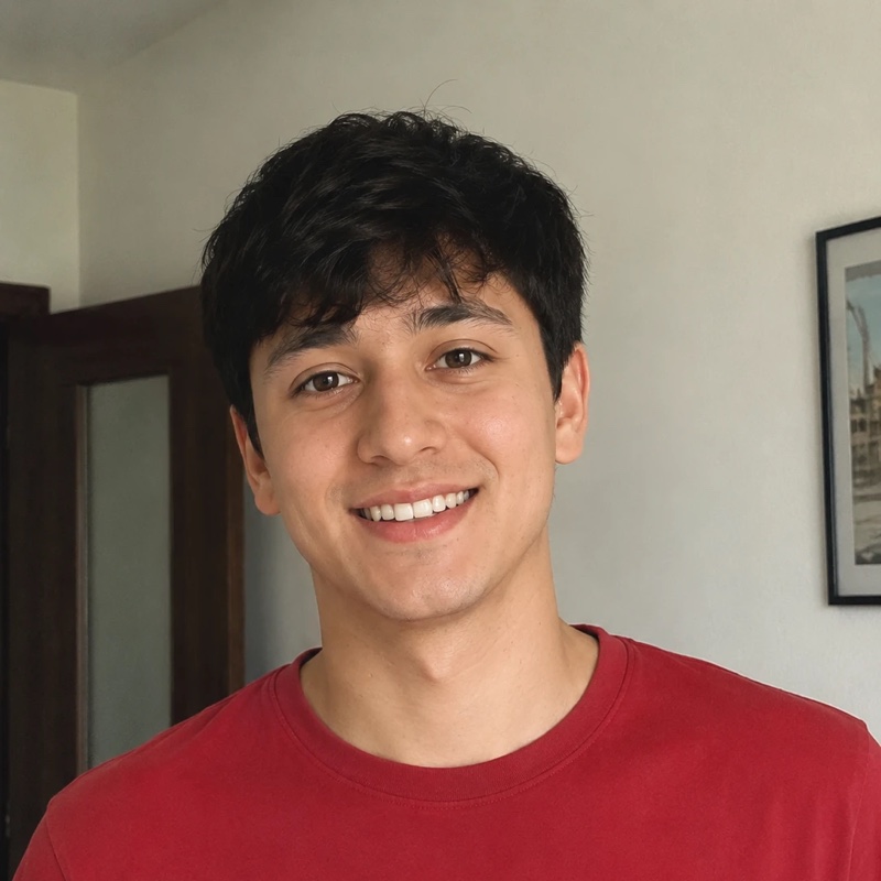 Step one: the photo a customer sent — a smiling young man in a red t-shirt
