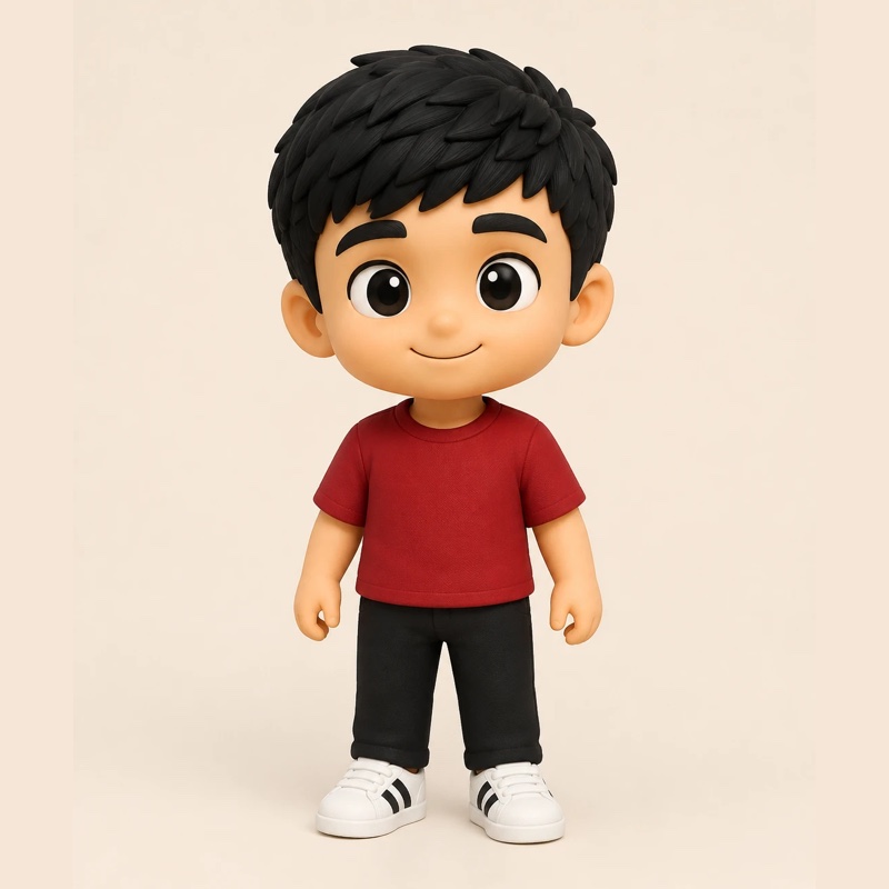 Step two: the character design made from that photo — the same young man as a stylised figure in a red t-shirt and black trousers