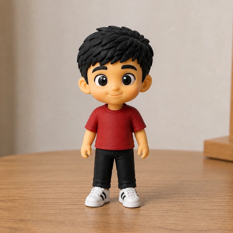 Step three: the finished figurine of that same young man, in a red t-shirt and black trousers, standing on a table